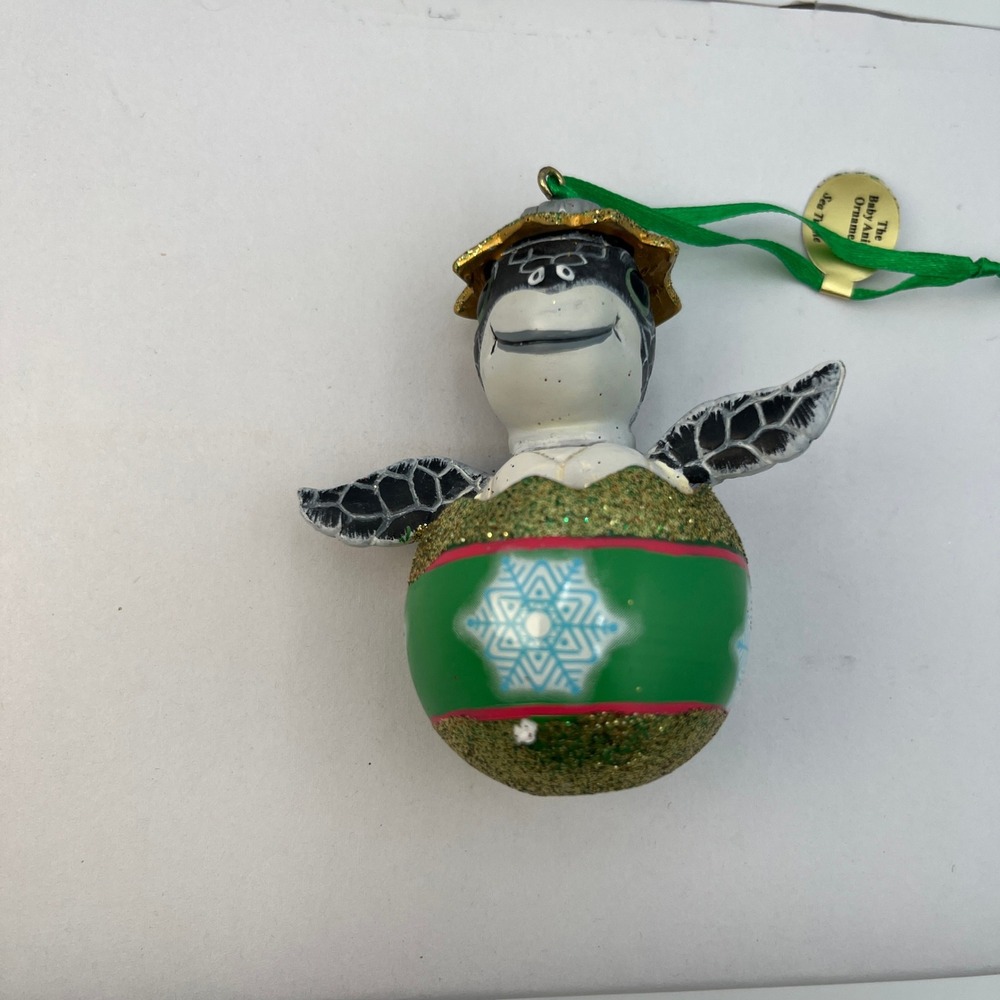 Danbury Mint Sea Turtle Baby Animal Christmas Ornament Green Snowflake Glitter